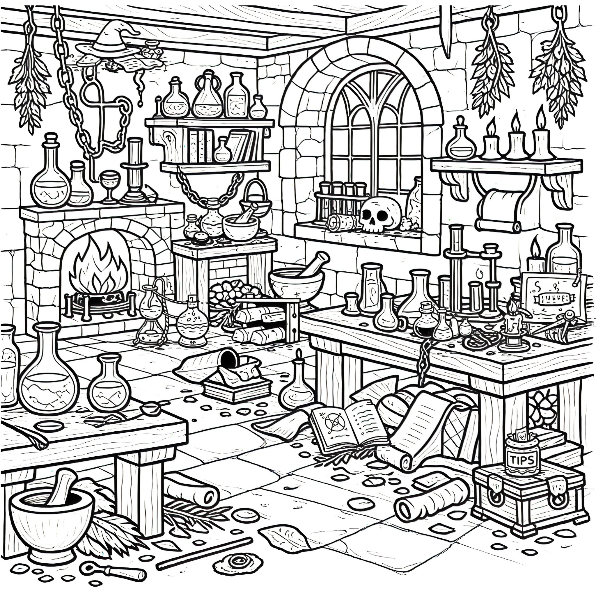 Alchemy hidden-object scene with potions, spell books, candles, and an old workshop.