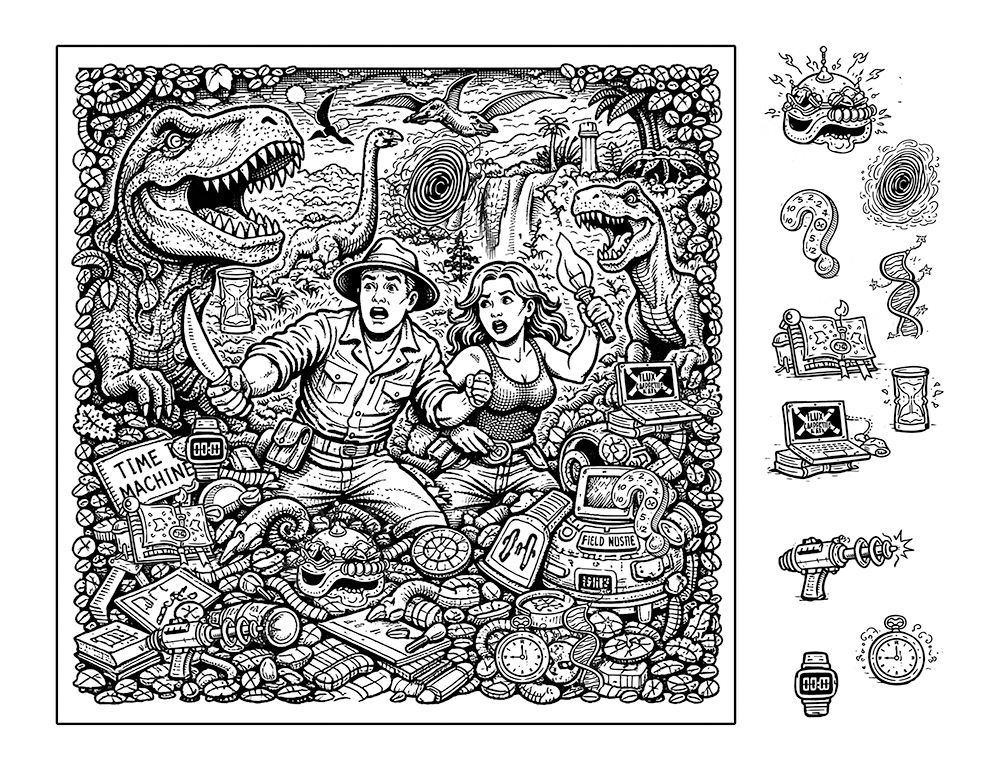 Dinosaur seek and find hidden pictures – prehistoric adventure scene