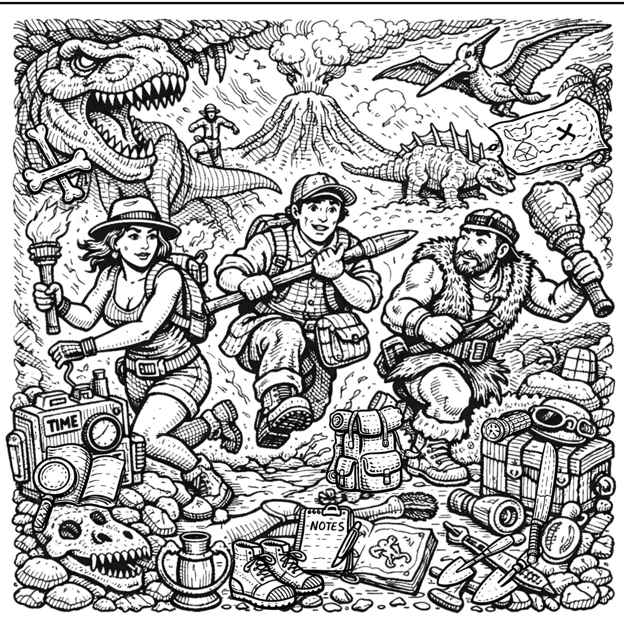 Dinosaur hidden-object scene with explorers, fossils, gear, and a prehistoric adventure setting.