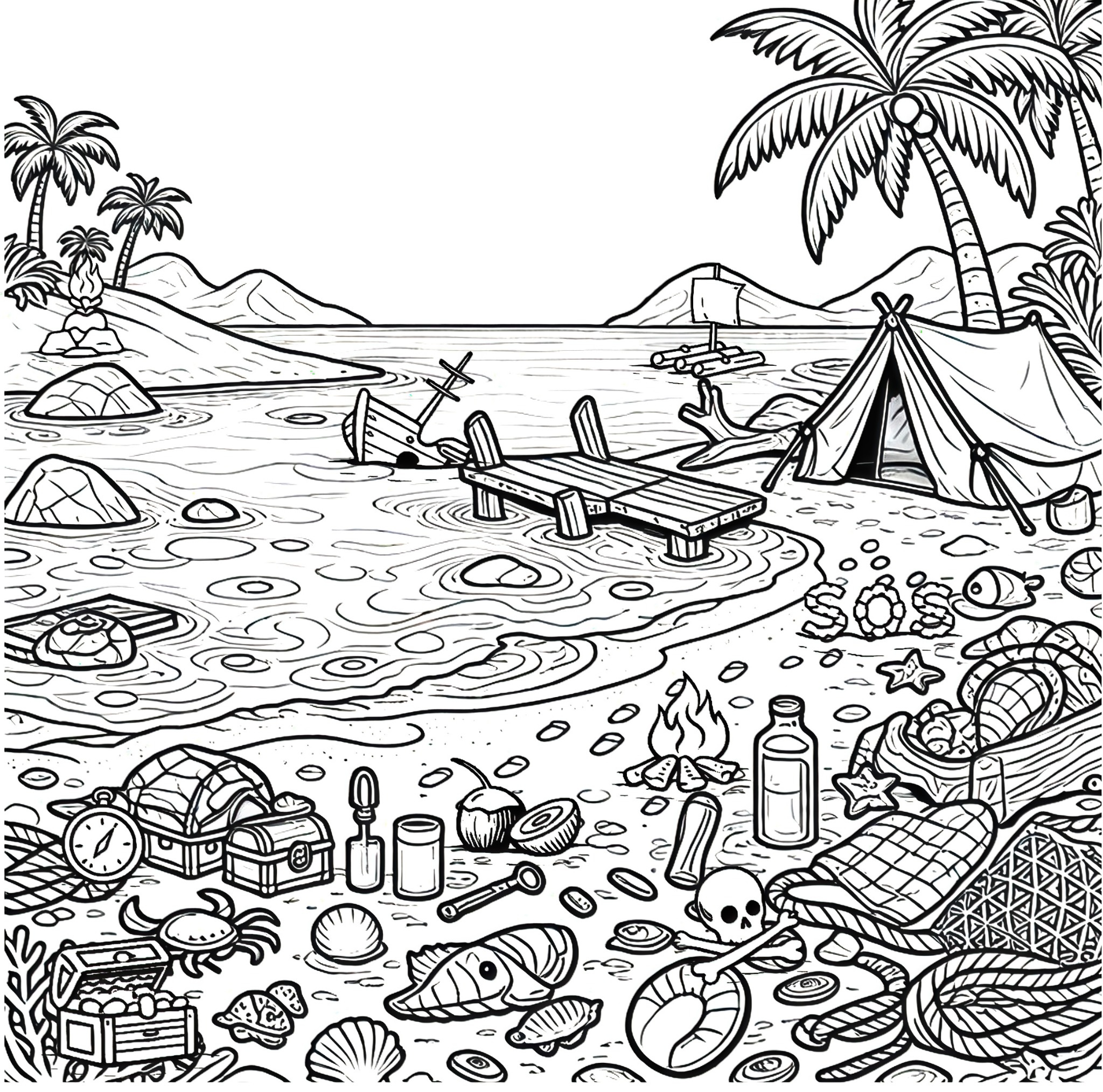 Island hidden-object scene with a tropical beach, treasure chests, shells, a tent, and a small dock.
