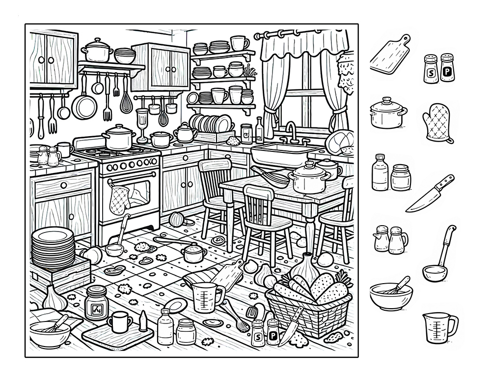 Kitchen seek and find hidden pictures – busy kitchen scene