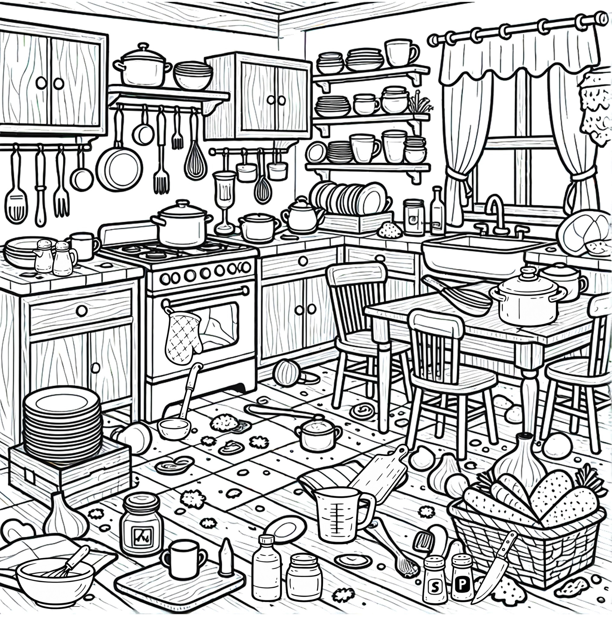 Kitchen hidden-object scene with cookware, dishes, utensils, and a cozy messy room.