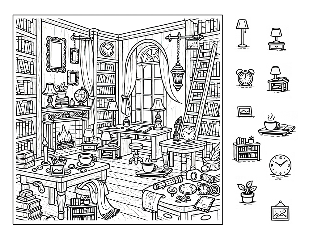 Library seek and find hidden pictures – cozy library scene