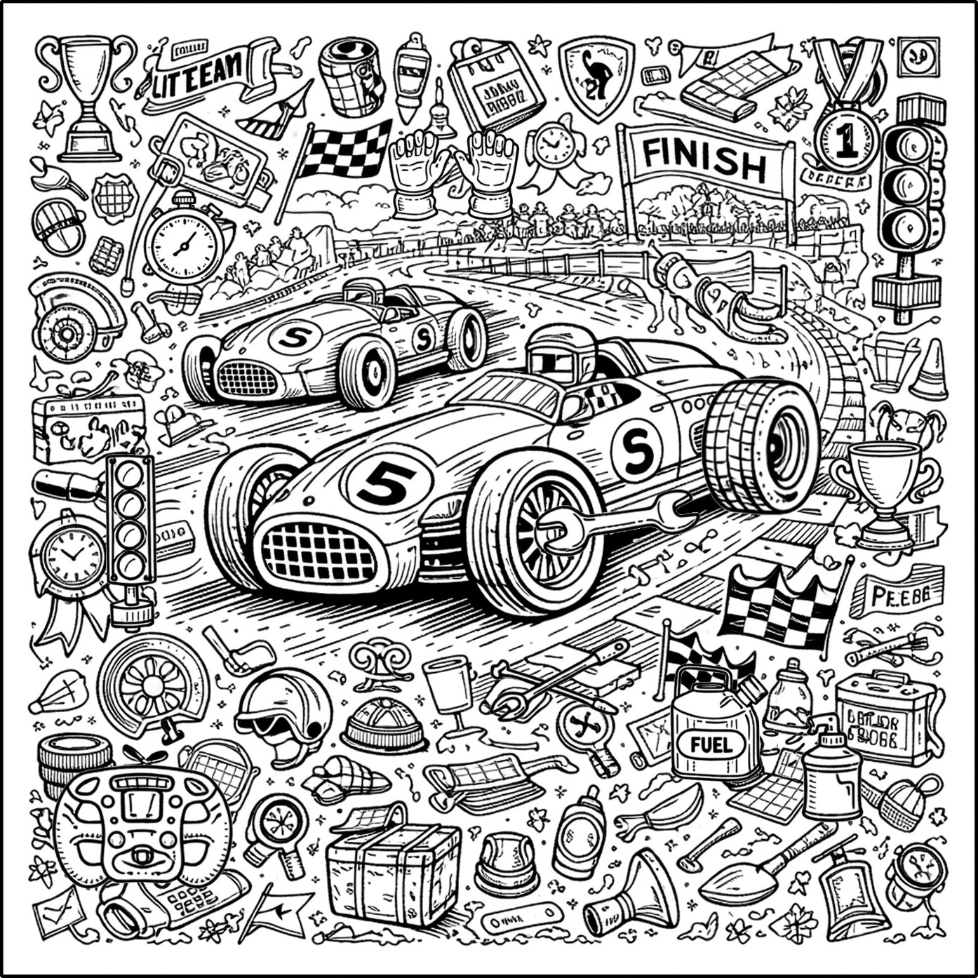 Racing track hidden-object scene with vintage race cars and many small details.