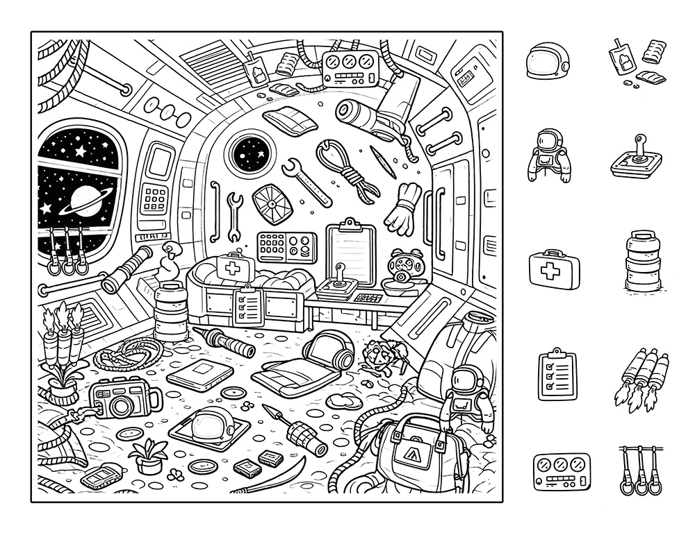 Rocket seek and find hidden pictures – space machines scene
