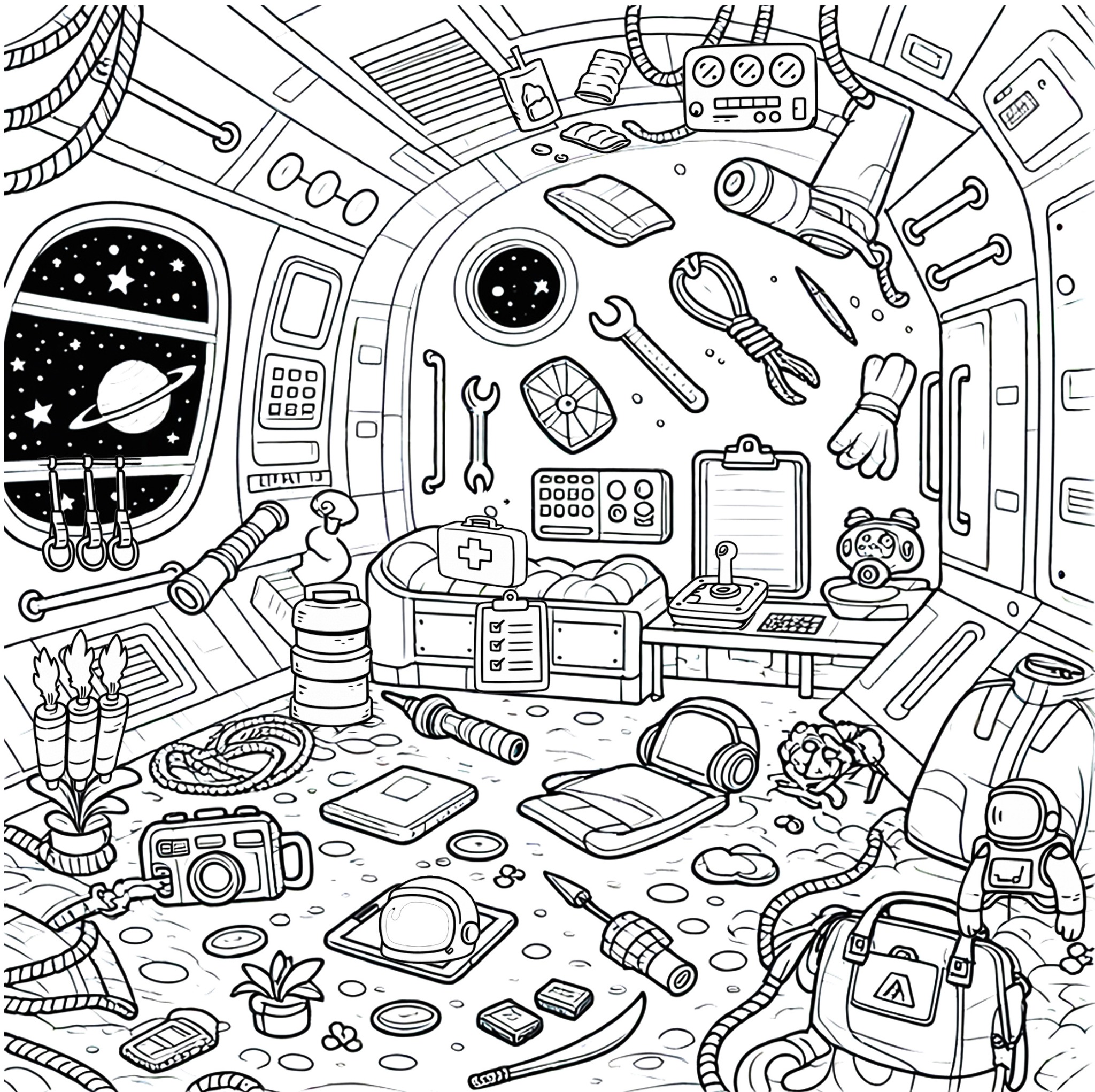 Rocket-themed hidden-object scene with a spaceship cabin, tools, gadgets, and hidden space items.