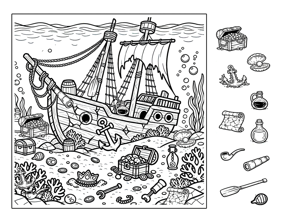 Shipwreck seek and find hidden pictures – underwater scene