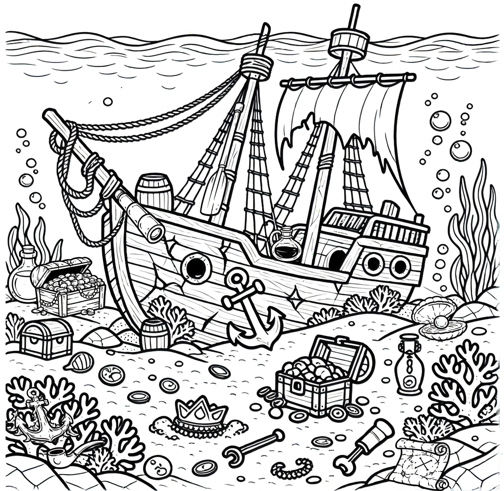 Underwater shipwreck hidden-object scene with pirate treasures and hidden items.