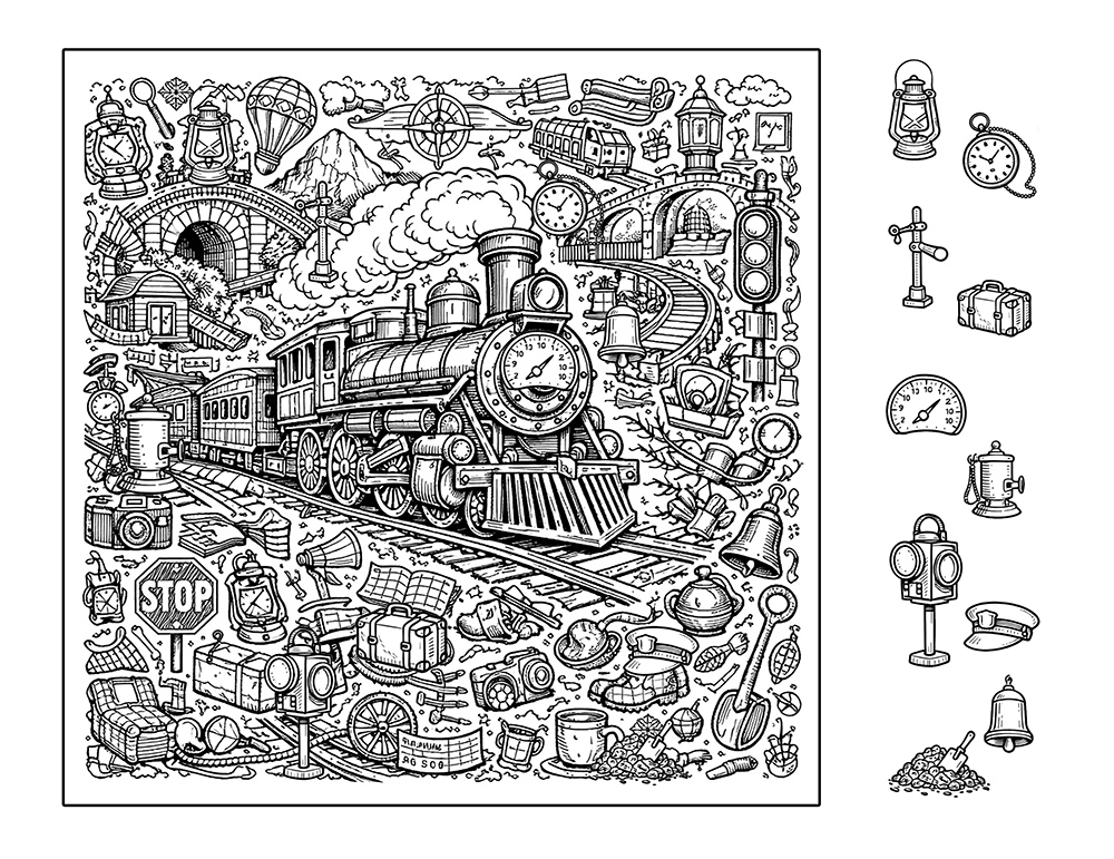 Train seek and find hidden pictures – machines and railway scene